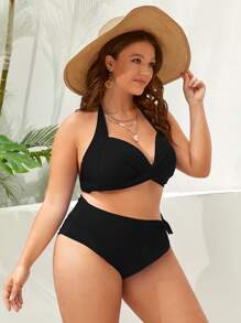 SHEIN Swim Curve Plus Size Wrap Cross Bow Side Push Up Bikini Set Summer Beach - Black - View 3