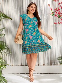 SHEIN VCAY Plus Floral Print Ruffle Hem Butterfly Sleeve Smock Dress - Blue - View 1