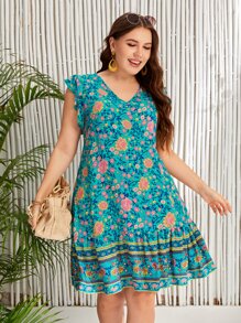 SHEIN VCAY Plus Floral Print Ruffle Hem Butterfly Sleeve Smock Dress - Blue - View 4