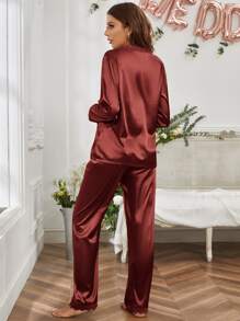 Guipure Lace Trim Satin PJ Set / Pajama Set Cozy And Elegant Details, Fall Winter Clothes - Rust Brown - View 2