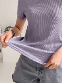 DAZY Solid Ribbed Knit Tee - Purple - View 3