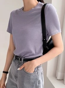 DAZY Solid Ribbed Knit Tee - Purple - View 5