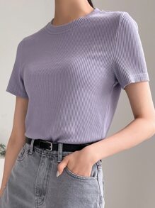 DAZY Solid Ribbed Knit Tee - Purple - View 7