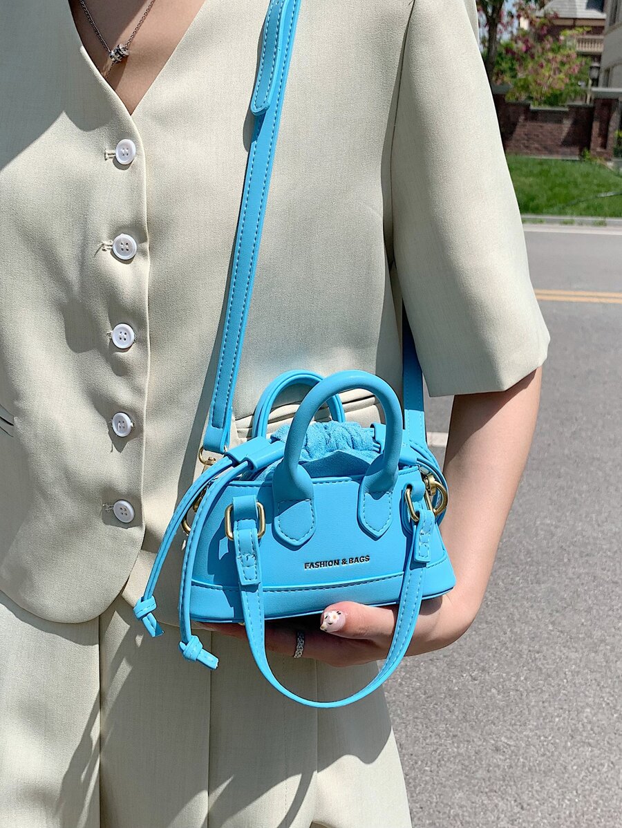 字母圖案抽繩設計貝殼包 - 藍色 - 查看 1