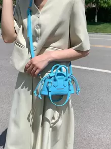 字母圖案抽繩設計貝殼包 - 藍色 - 查看 8