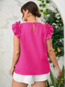 SHEIN Privé Áo sơ mi Plus Size Xù màu trơn Giải trí - Màu Hồng Tươi - Xem 2