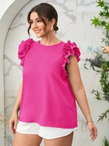SHEIN Privé Áo sơ mi Plus Size Xù màu trơn Giải trí - Màu Hồng Tươi - Xem 4