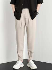 Men Fold Pleated Carrot Suit Trousers - Beige - View 1