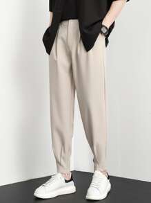 Men Fold Pleated Carrot Suit Trousers - Beige - View 3