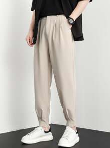 Men Fold Pleated Carrot Suit Trousers - Beige - View 4