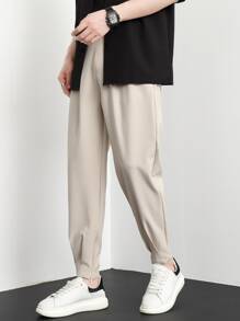 Men Fold Pleated Carrot Suit Trousers - Beige - View 5