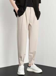Men Fold Pleated Carrot Suit Trousers - Beige - View 6