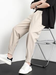 Men Fold Pleated Carrot Suit Trousers - Beige - View 7