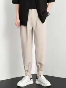 Men Fold Pleated Carrot Suit Trousers - Beige - View 8