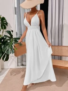 Shirred Waist Layered Hem Cami Dress - White - View 4