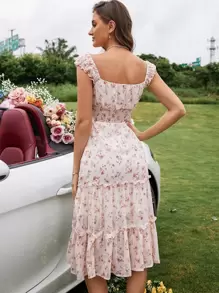 Aveloria Rosie Random Floral Print Shirred Waist Knot Front Ruffle Hem Dress - Multicolor - View 2