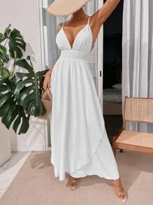 Shirred Waist Layered Hem Cami Dress - White - View 6