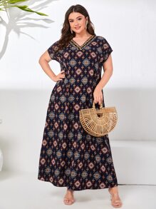 EMERY ROSE Đầm Plus Size Nghề thêu Ruy băng Bộ lạc Khiêm tốn - Màu xanh hải quân - Xem 1