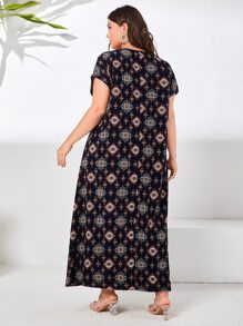 EMERY ROSE Đầm Plus Size Nghề thêu Ruy băng Bộ lạc Khiêm tốn - Màu xanh hải quân - Xem 2