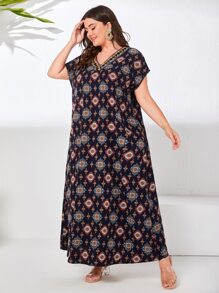 EMERY ROSE Đầm Plus Size Nghề thêu Ruy băng Bộ lạc Khiêm tốn - Màu xanh hải quân - Xem 4