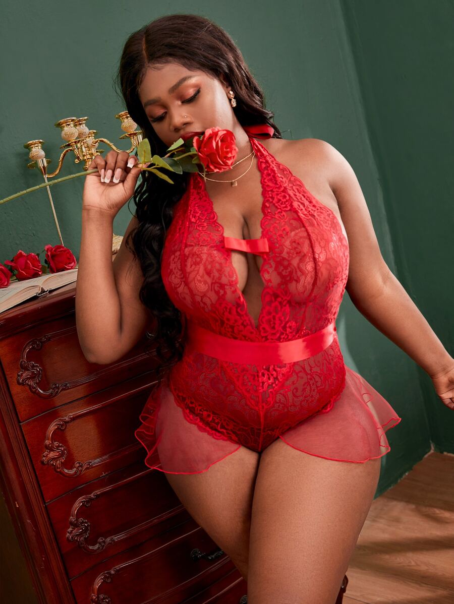 Body teddy de espalda abierta con cordón con lazo delantero ribete con fruncido con encaje - Rojo - Ver 1