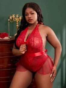 Body teddy de espalda abierta con cordón con lazo delantero ribete con fruncido con encaje - Rojo - Ver 3