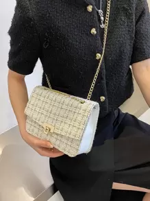 輕便便攜休閒時尚粗花呢翻蓋鏈條單肩包適合女孩、女士、大學生、新秀和白領秋季、冬季必備、工作、辦公室、通勤、秋冬、戶外 - 白色 - 查看 2