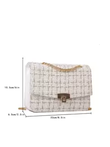 輕便便攜休閒時尚粗花呢翻蓋鏈條單肩包適合女孩、女士、大學生、新秀和白領秋季、冬季必備、工作、辦公室、通勤、秋冬、戶外 - 白色 - 查看 3