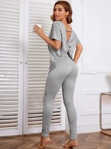 Twist Cut Out Back Batwing Sleeve Top & Pants Lounge Set Outfit - Light Grey - View 1