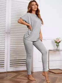 Twist Cut Out Back Batwing Sleeve Top & Pants Lounge Set Outfit - Light Grey - View 2
