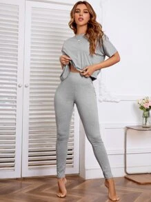 Twist Cut Out Back Batwing Sleeve Top & Pants Lounge Set Outfit - Light Grey - View 5