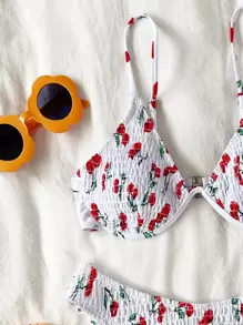 Swim Mod Summer Beach Random Cherry Print Smocked Underwire Bikini - Multicolor - View 4