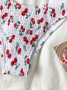 Swim Mod Summer Beach Random Cherry Print Smocked Underwire Bikini - Multicolor - View 6