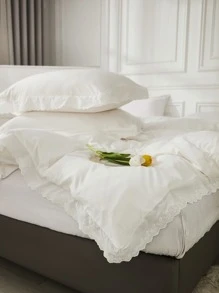 1pc White Lace Duvet Cover Set, Bohemian Farmhouse Style 3 Pieces Set, Ruffle Trim, Soft Microfiber Duvet Cover (1 Duvet Cover + 2 Pillow Shams, Comforter Not Included), Unisex, 1 Duvet Cover, 2 Pillow Shams, No Comforter Included, Suitable For All Seasons, Ideal For Dorm Use - White - View 6