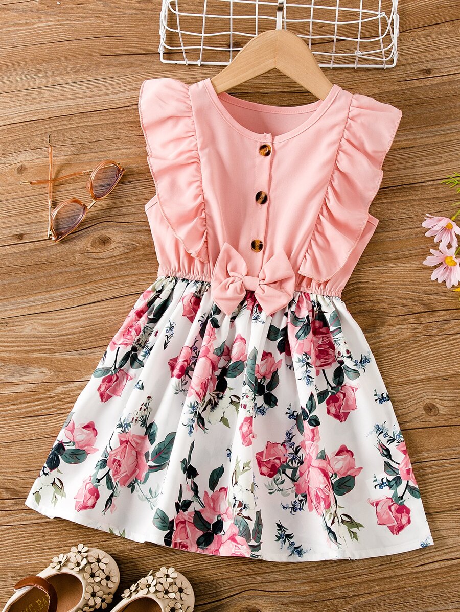 SHEIN Đầm bé gái Nơ Bướm Xù Hoa Boho - Nhiều màu - Xem 1