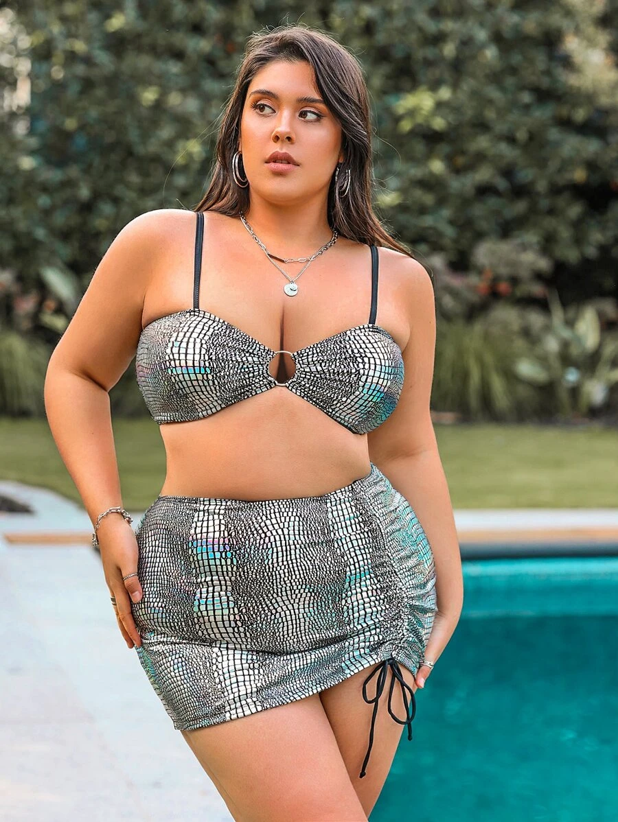 Plus Size 3packs Metallic O-Ring Detail Drawstring High Waist Bikini Set Summer Beach - Silver - View 1