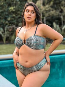 Plus Size 3packs Metallic O-Ring Detail Drawstring High Waist Bikini Set Summer Beach - Silver - View 3