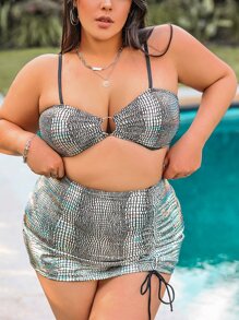 Plus Size 3packs Metallic O-Ring Detail Drawstring High Waist Bikini Set Summer Beach - Silver - View 4