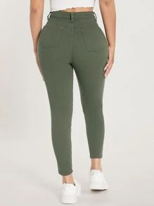 SHEIN PETITE Curvy High Waist Skinny Jeans - Army Green - View 2