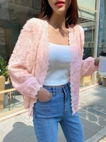 DAZY Lace Trim Button Through Fuzzy Blouse - Baby Pink - View 1