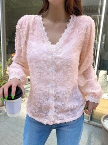DAZY Lace Trim Button Through Fuzzy Blouse - Baby Pink - View 3