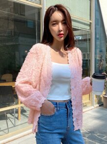 DAZY Lace Trim Button Through Fuzzy Blouse - Baby Pink - View 5