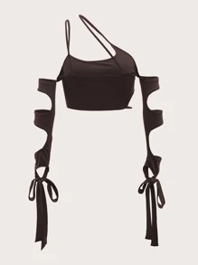 SHEIN ICON Asymmetrical Neck Cut Out Top - Chocolate Brown - View 2