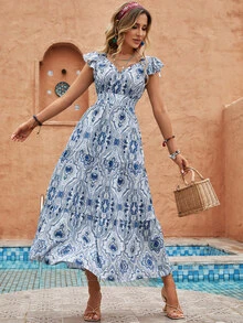 Vestido con estampado de manga mariposa bajo con fruncido - Azul y blanco - Ver 4