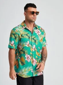 Manfinity 男士熱帶圖案襯衫 - 薄荷綠 - 查看 5
