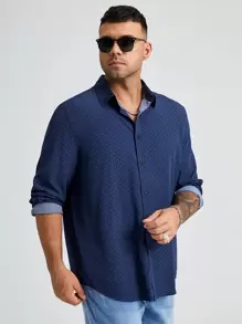 Manfinity VCAY Loose Fit Men Plus Size Long Sleeve Casual Polka Dot Shirt - Navy Blue - View 1