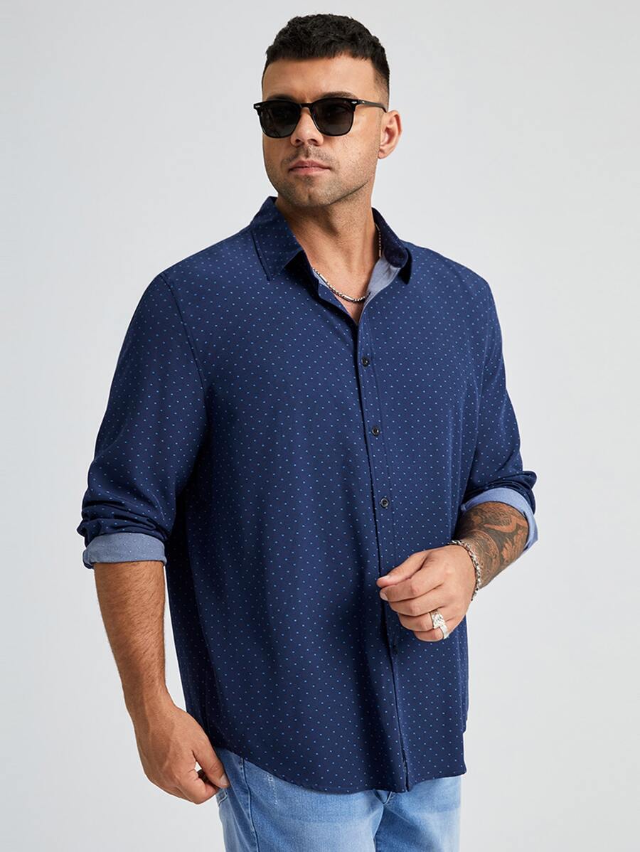 Manfinity VCAY Loose Fit Men Plus Size Long Sleeve Casual Polka Dot Shirt - Navy Blue - View 1