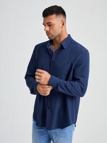 Manfinity VCAY Loose Fit Men Plus Size Long Sleeve Casual Polka Dot Shirt - Navy Blue - View 3