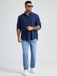 Manfinity VCAY Loose Fit Men Plus Size Long Sleeve Casual Polka Dot Shirt - Navy Blue - View 4