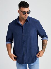 Manfinity VCAY Loose Fit Men Plus Size Long Sleeve Casual Polka Dot Shirt - Navy Blue - View 5